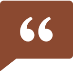 Brown speech bubble with quotation marks inside.